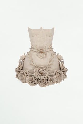 SALOME BEIGE LINEN CORSET FLOWER DETAILS MINI DRESS