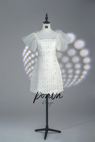 Sequin bow mini dress in white