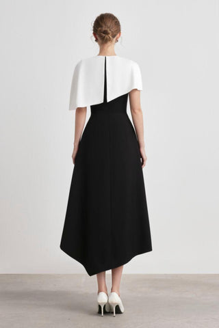 ASYMMETRIC CAPE SHOULDER KATE MIDI DRESS