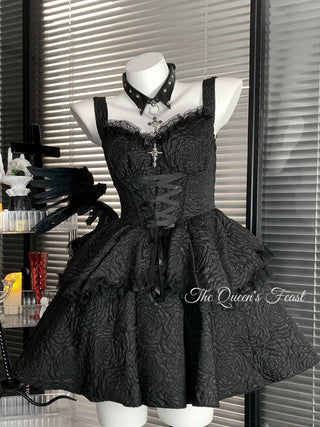 BLACK TEXTURED SUSPENDER MINI DRESS