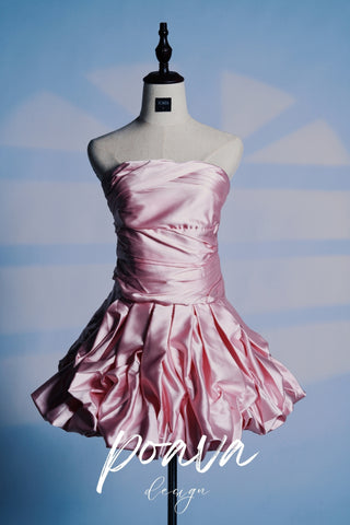 Satin Sleeveless Pleated Bubble Dress In Pink