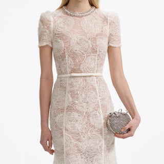 Tulle Lace Diamante Midi Dress in Beige