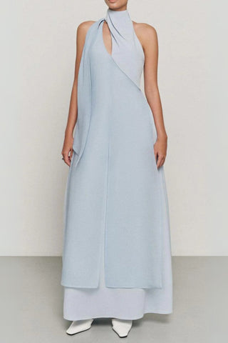 Yen Layered High Neck Floss Silk maxi Dress in blue
