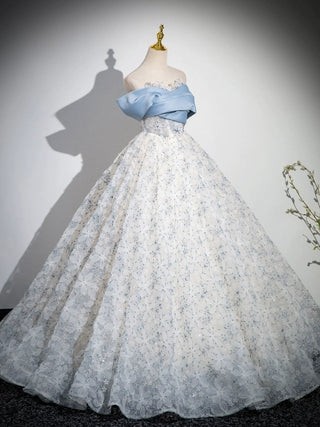 A-Line Off Shoulder Tulle Lace Blue Dress