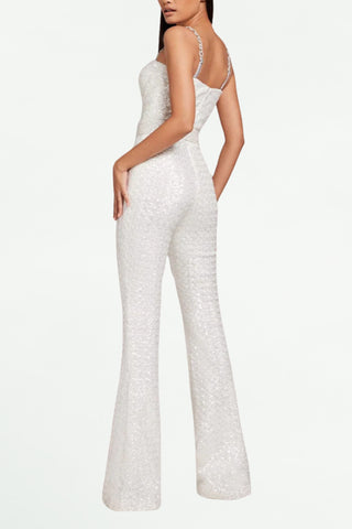 JACQUARD DIAMANTE STRAP FLARED JUMPSUIT WITH BELT