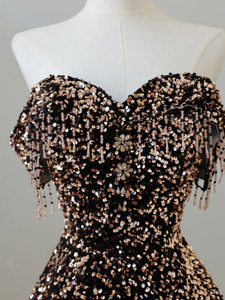 A-Line Off Shoulder Coffee Gold Sequin Dress