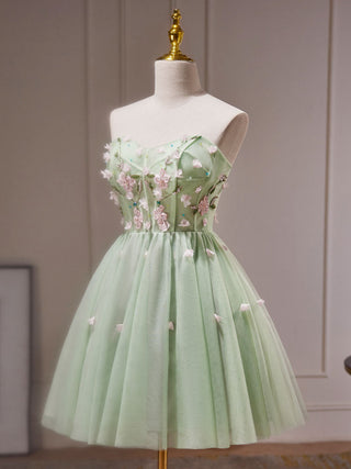 A-Line Tulle Beads Green mini Prom Dress