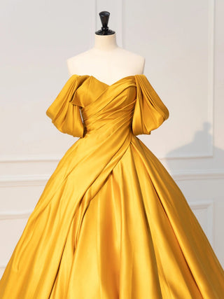 Yellow Off Shoulder Satin Prom Dress