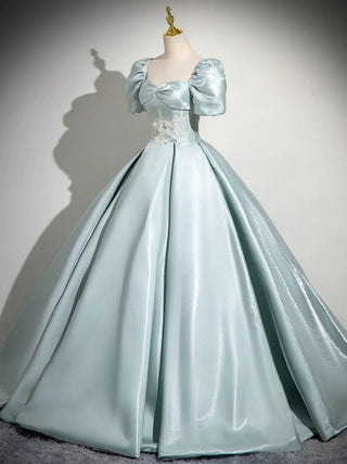 A-Line Sweetheart Neck Puff Sleeves Satin Blue Dress