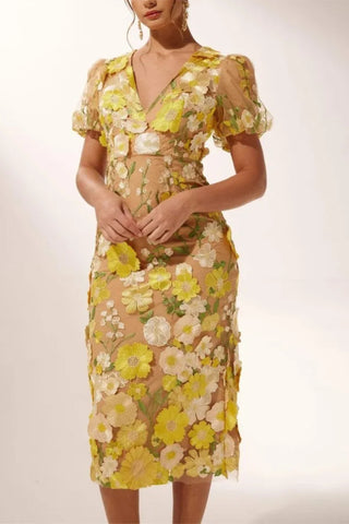 EREEN PUFF SLEEVES V-NECK FLOWER MIDI DRESS