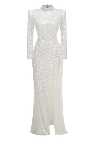 YVETTE PEARL EMBELLISHED SEQUIN MAXI DRESS IN WHITE