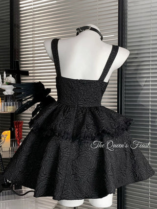 BLACK TEXTURED SUSPENDER MINI DRESS