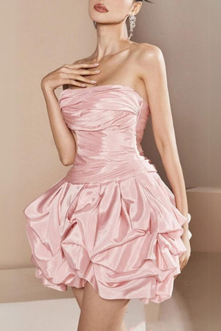 Satin Sleeveless Pleated Bubble Dress In Pink