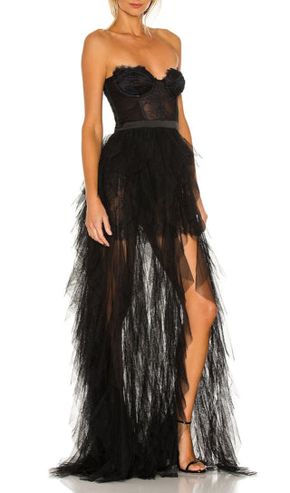 BLACK STRAPLESS LACE PATCHWORK MESH MAXI DRESS