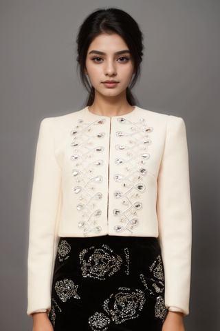 Nerina white crystal-embellished tweed jacket