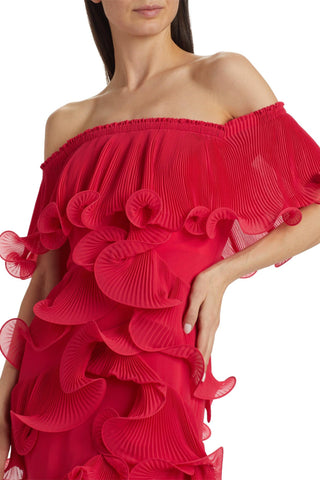 DORA ROSE RED OFF-SHOULDER PLEATED ORGANZA MAXI DRESS