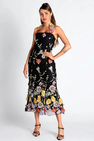 HALTER EMBROIDER FLORAL MIDI DRESS IN BLACK