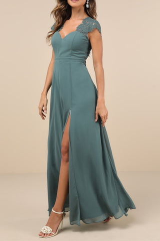 Dark Sage Green Lace Backless Maxi Dress