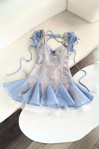 Lace embroidery puffy mini dress in blue
