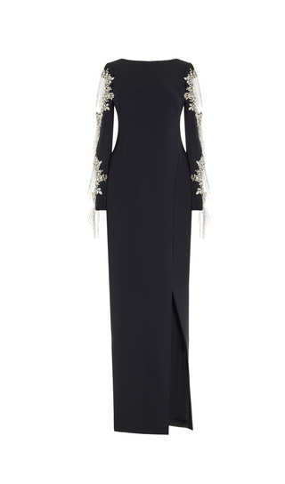 Crystal-Embellished Crepe Gown in black