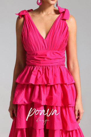 PLUNGE V RUFFLE TIERED SLIT GOWN IN PINK