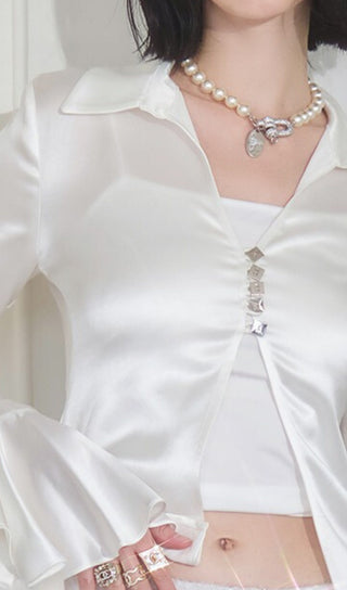 White Satin Ruffle Sleeve Cinched Waist Shirt