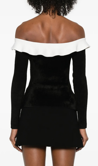 claire chenille knit off shoulder top in black