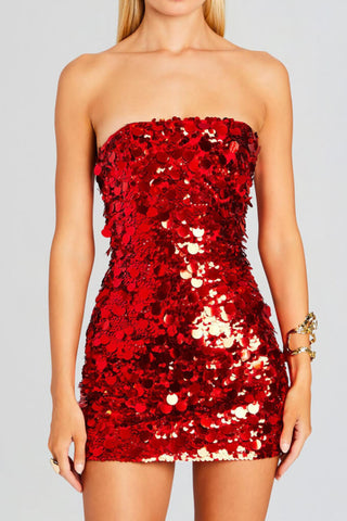 SEQUIN STRAPLESS MINI RED DRESS