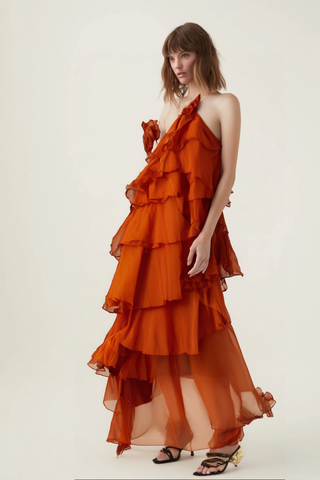 Carrie orange halterneck flounced maxi dress