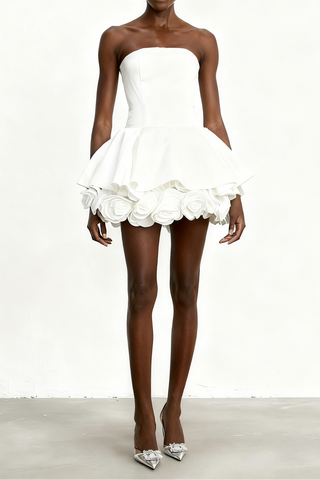 Lucie white petal-layered strapless corset mini dress