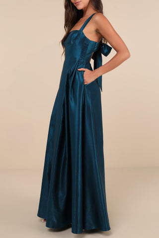 Aura Shiny Dark Teal Taffeta Maxi Dress With Pockets