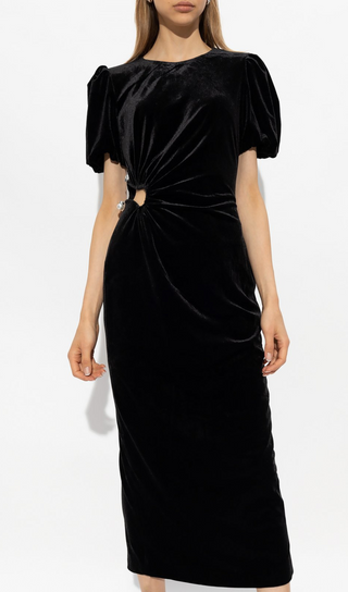 pleated velvet cut-out midi dress in black