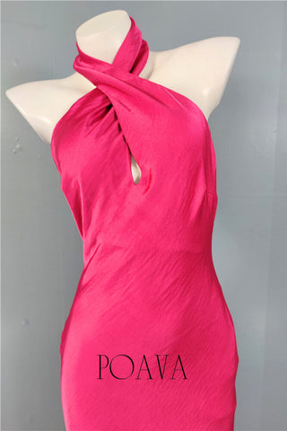 Hot Pink Satin Halter Midi Dress