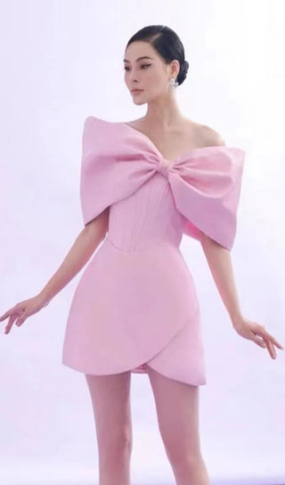 PINK OFF SHOULDER BOW CORSET MINI DRESS