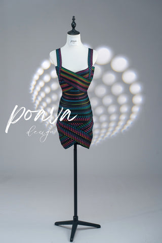 Metallic Rainbow Houndstooth Bandage Dress