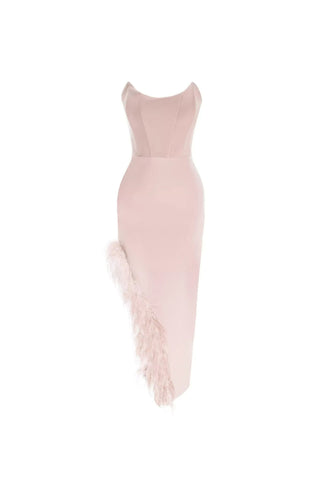 FEATHER TRIM SPLIT MIDI DRESS IN BUBBLEGUM