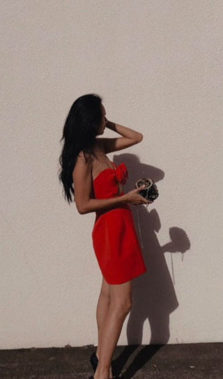 STRAPLESS CUTOUT MINI DRESS IN RED