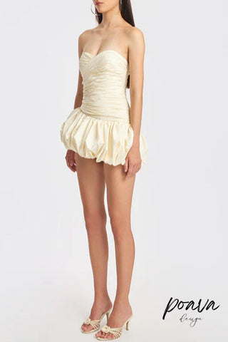 Balloon Draped strapless Mini Dress in white