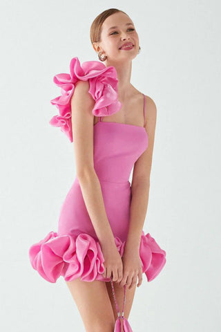 Ruffle one shoulder mini dresses in pink