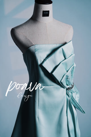 Voluminous Ribbon Mini Dress with Pearls - Mint Green