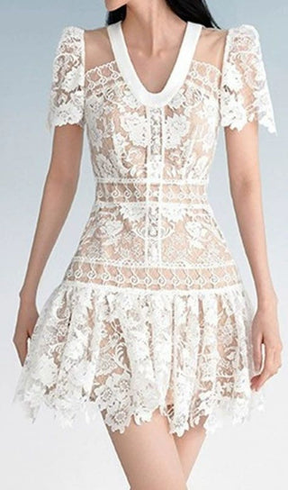 V-NECK CUTOUT LACE MINI DRESS IN WHITE