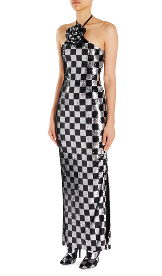 checkerboard sequin halter gown with flower