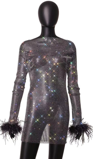 FEATHER EMBELLISHED MESH MINI DRESS