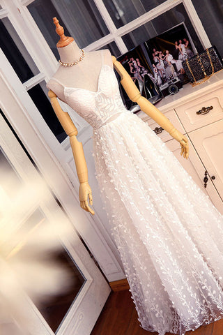 White v neck lace prom dress