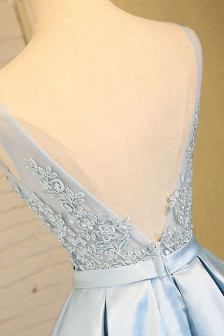 Light blue v neck lace applique mini prom dress