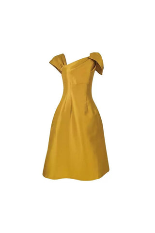 YELLOW ASYMMETRIC SHOULDER DIAGONAL COLLAR TEMPERAMENT FRENCH DRESS