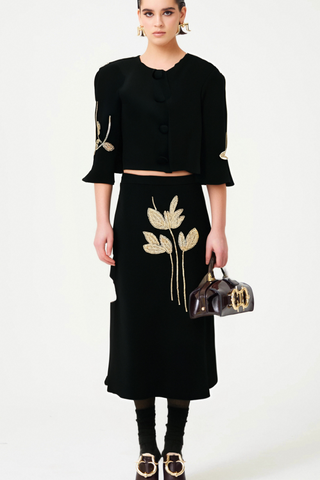 Pauline black floral-appliqué jacket & skirt matching set