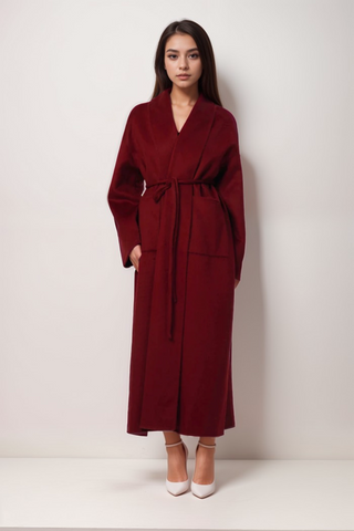 Luxurious Deep Red Belted Wool Coat with Oversized Fit