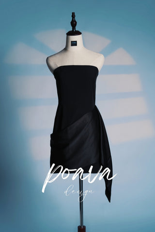 Black Satin Bandeau Mini Dress With Drape Skirt