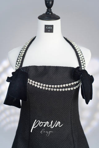 Rhinestone embellished halter mini dress in black